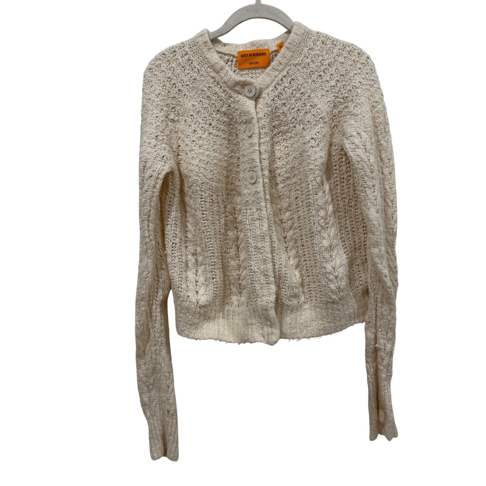 Guest in Residence Wool Cashmere Cable Knit Cardigan Cream Small W11918TM